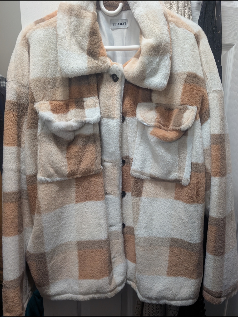 Cream & Tan Plaid Faux-Sherpa Jacket